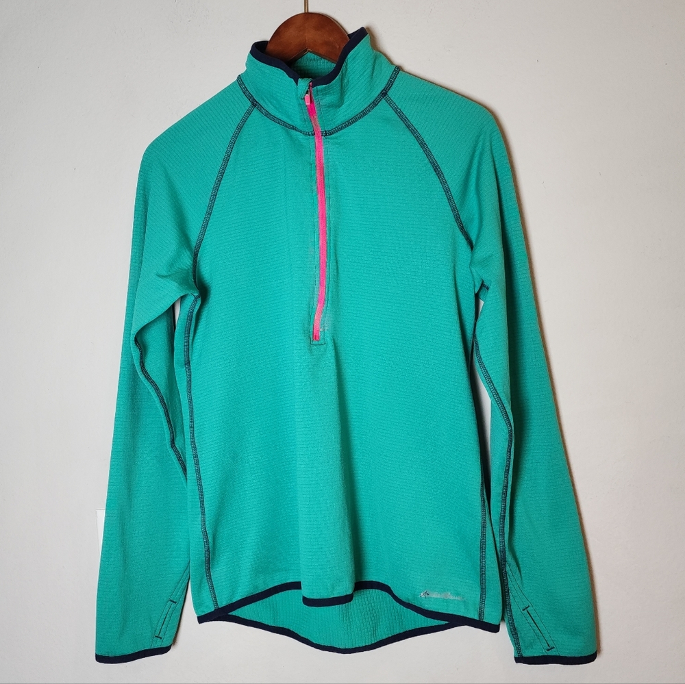 Eddie Bauer Green Activator Grid Fleece 1/2 Zip Mock Neck Pull Over Top Size M